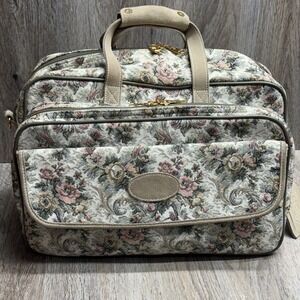 VTG French Luggage Co Gray Rose Suede Tapestry 16x12x8 Carry On w Shoulder Strap